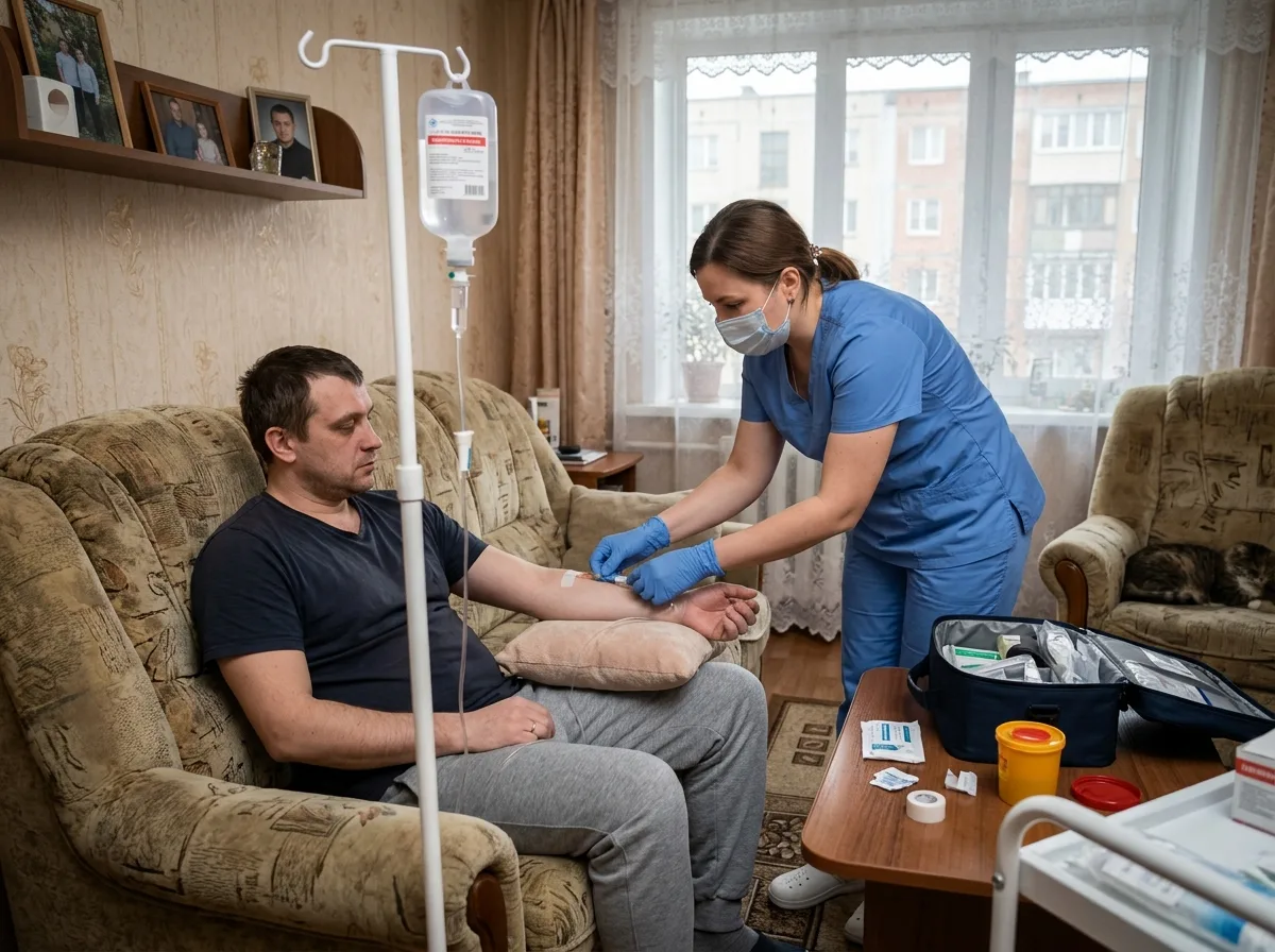 Врач-нарколог устанавливает капельницу пациенту на дому в Екатеринбурге, профессиональная медицинская процедура детоксикации, спокойная домашняя обстановка
